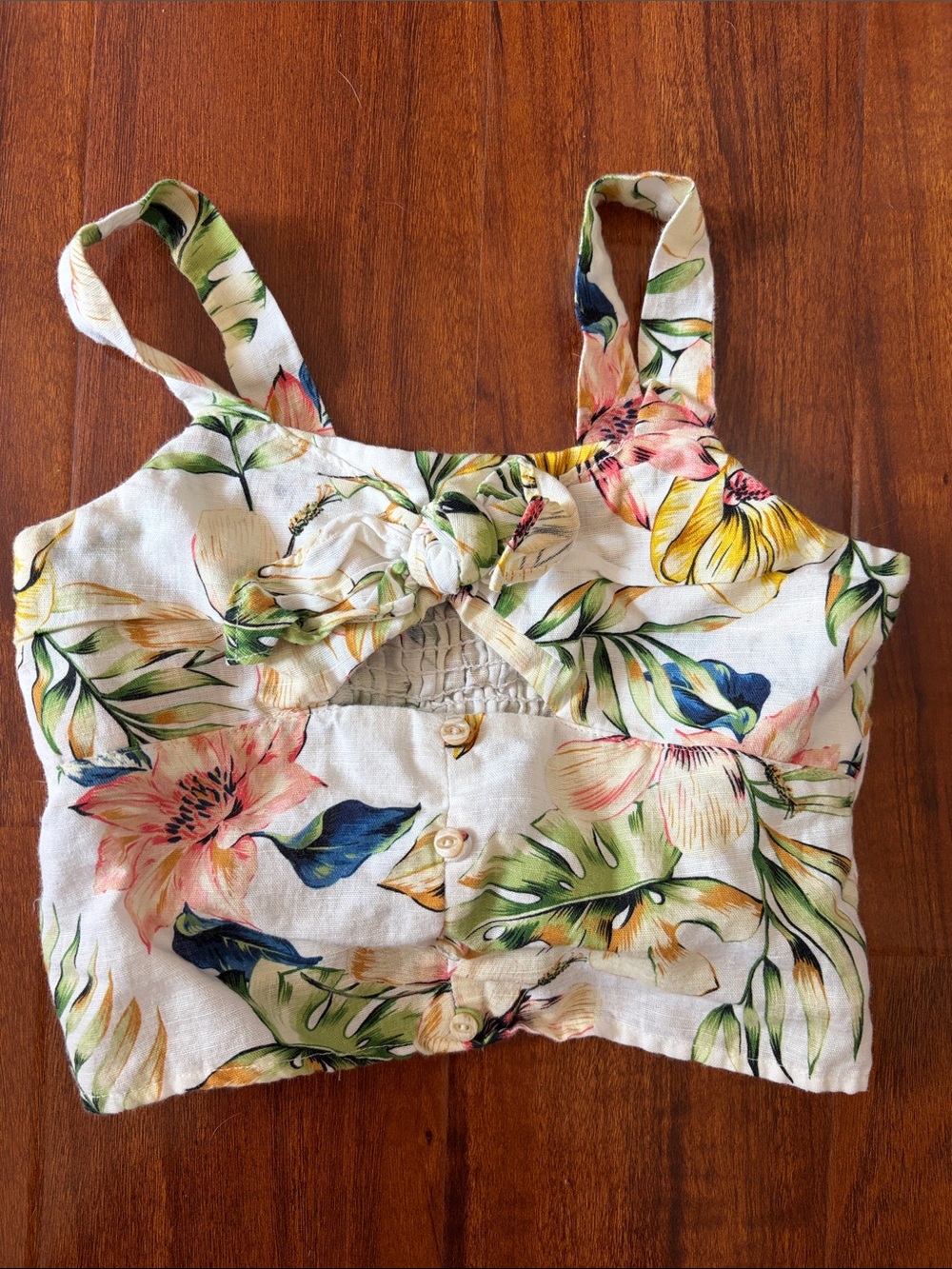 Zara Floral Tie-Front Cropped Tank Top - Cream